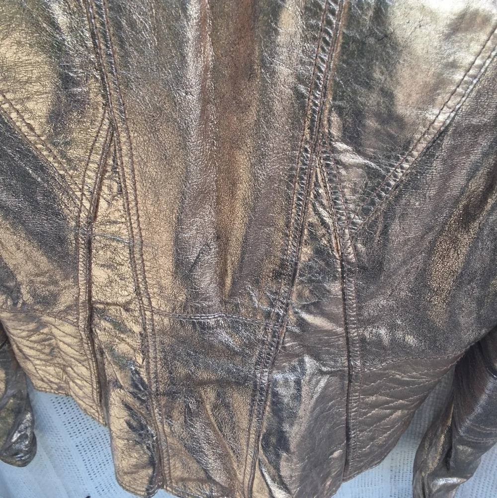 River Island Distressed Rose/ Gold leather bomber jacket S UK8 - Picture 14 of 16